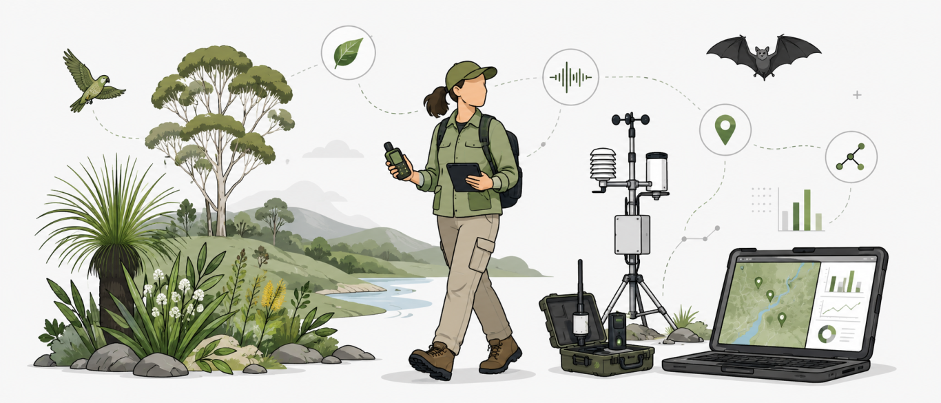 Persona en un entorno natural utilizando tecnología para monitorear el ecosistema. Persona en un entorno natural utilizando tecnología para monitorear el ecosistema.